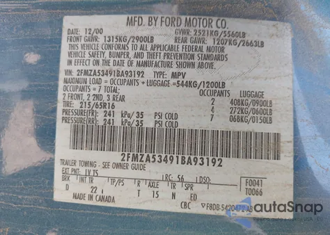 2001 Ford Windstar Sel из США, поврежденный, VIN 2FMZA53491BA93192